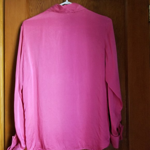 Vintage 90s, satin blouse, round hem, L, M, mop buttons, rose pink,  Braemar - Picture 3 of 9